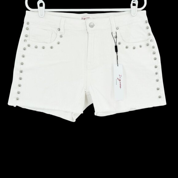 Vigoss Women's Stretch Fray Hem White Studded Denim Shorts Size 15/32 NWT - Picture 1 of 12